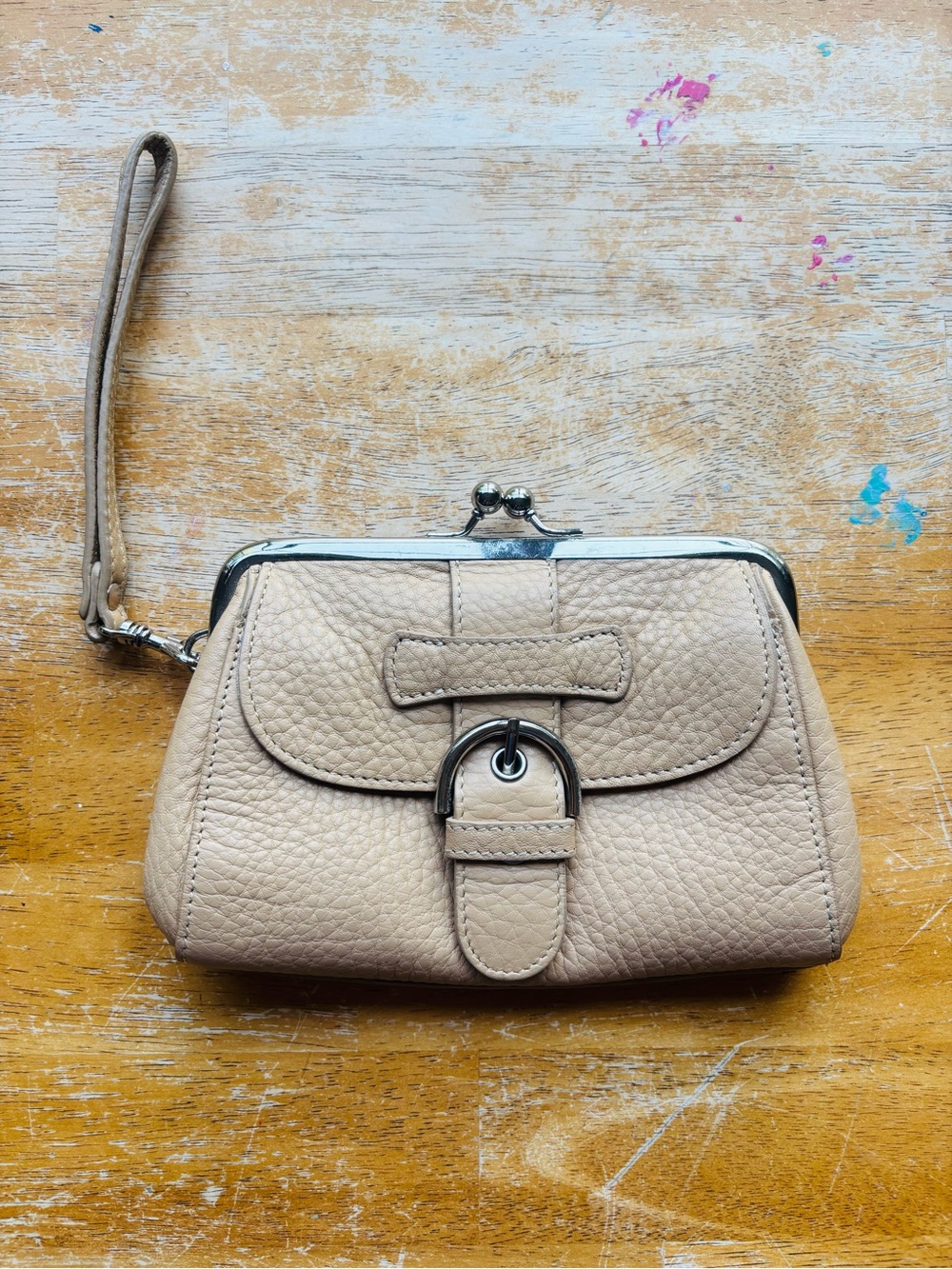 Talbots Taupe Pebble 100% Leather Wristlet Kisslock Clutch